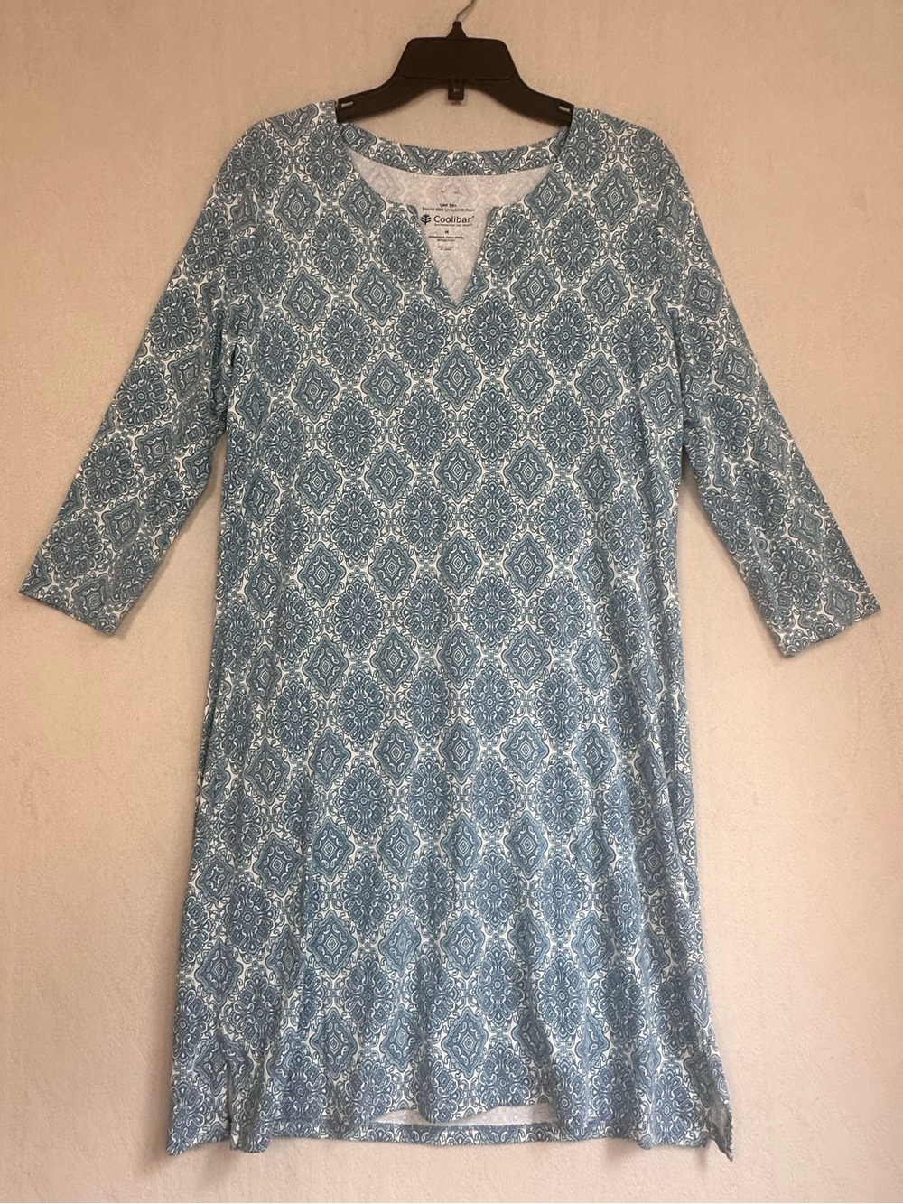 Coolibar UPF 50+ Seaside Tunic Dress Blue & White Geometric Print V-Neck Sz M